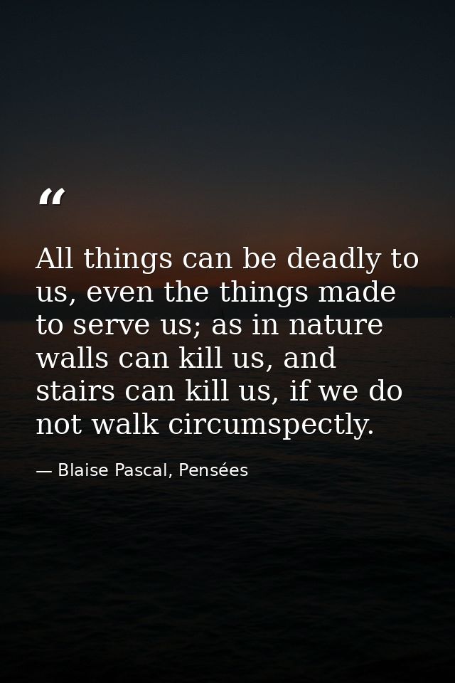 All things can be deadly to us, even the things made to serve us; as in nature walls can kill us, and stairs can kill us — Blaise Pascal, Pensées