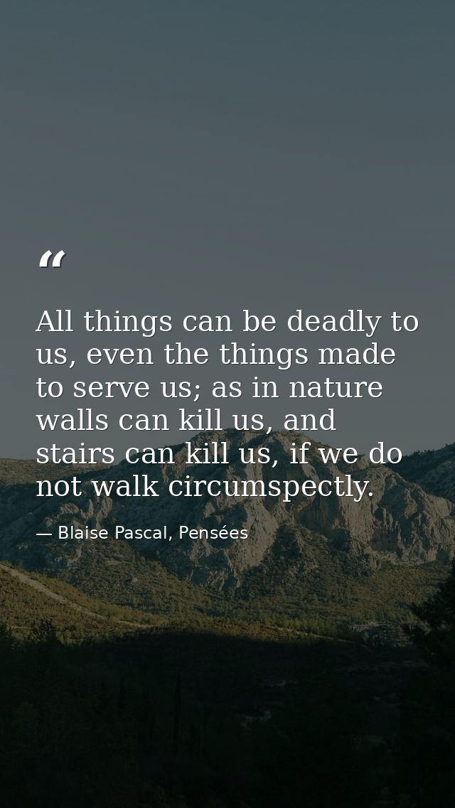 All things can be deadly to us, even the things made to serve us; as in nature walls can kill us, and stairs can kill us — Blaise Pascal, Pensées
