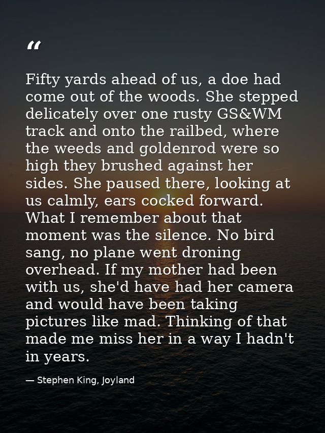Fifty yards ahead of us, a doe had come out of the woods. She stepped delicately over one rusty GS&WM track and onto the — Stephen King, Joyland