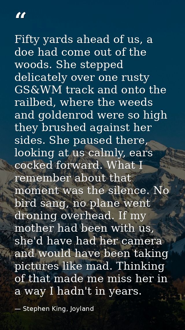 Fifty yards ahead of us, a doe had come out of the woods. She stepped delicately over one rusty GS&WM track and onto the — Stephen King, Joyland