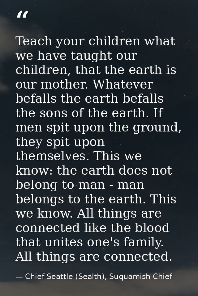 Teach your children what we have taught our children, that the earth is our mother. Whatever befalls the earth befalls t — Chief Seattle (Sealth), Suquamish Chief