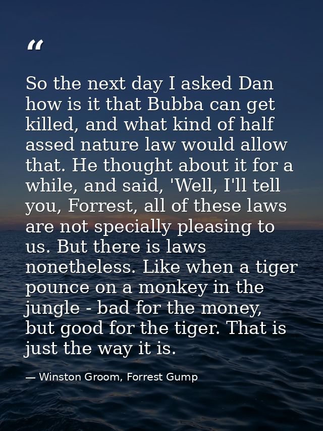 So the next day I asked Dan how is it that Bubba can get killed, and what kind of half assed nature law would allow that — Winston Groom, Forrest Gump