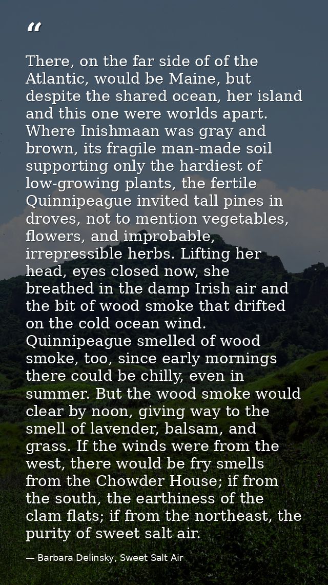 There, on the far side of of the Atlantic, would be Maine, but despite the shared ocean, her island and this one were wo — Barbara Delinsky, Sweet Salt Air