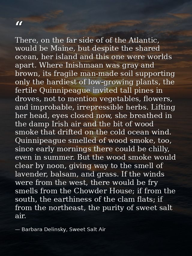 There, on the far side of of the Atlantic, would be Maine, but despite the shared ocean, her island and this one were wo — Barbara Delinsky, Sweet Salt Air