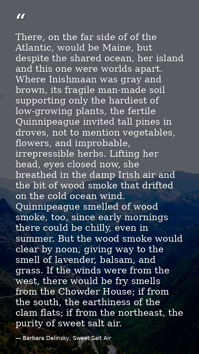 There, on the far side of of the Atlantic, would be Maine, but despite the shared ocean, her island and this one were wo — Barbara Delinsky, Sweet Salt Air