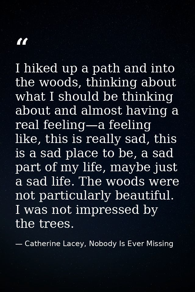 I hiked up a path and into the woods, thinking about what I should be thinking about and almost having a real feeling—a  — Catherine Lacey, Nobody Is Ever Missing