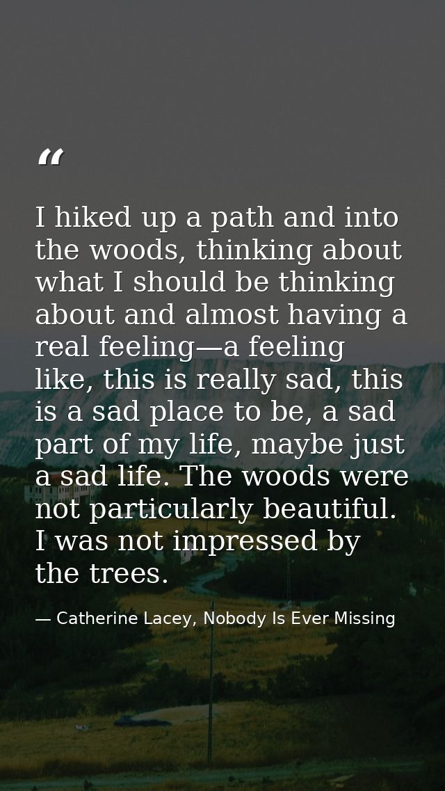 I hiked up a path and into the woods, thinking about what I should be thinking about and almost having a real feeling—a  — Catherine Lacey, Nobody Is Ever Missing