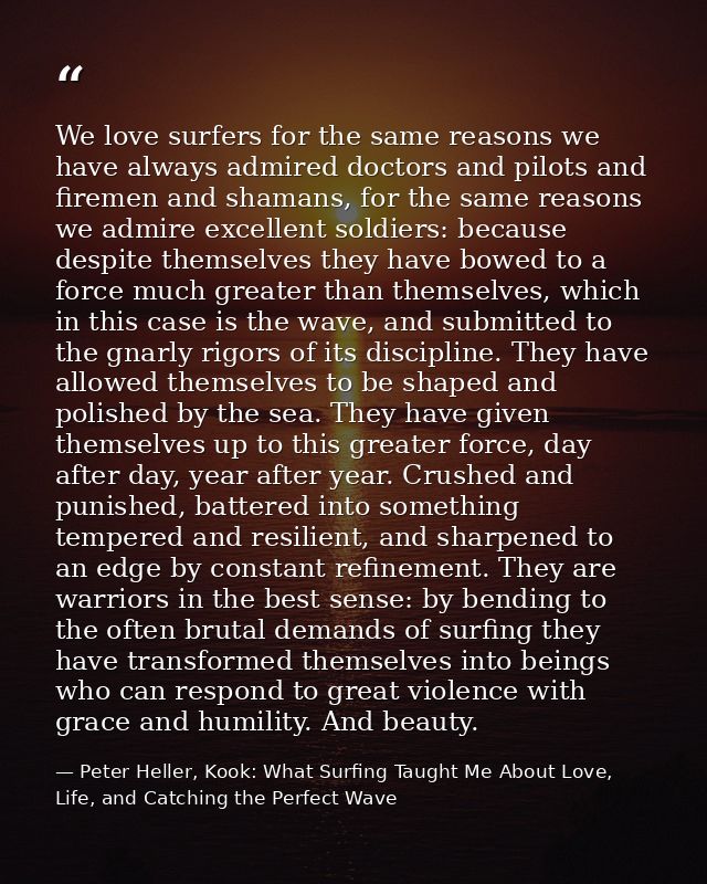 We love surfers for the same reasons we have always admired doctors and pilots and firemen and shamans, for the same rea — Peter Heller, Kook: What Surfing Taught Me About Love, Life, and Catching the Perfect Wave