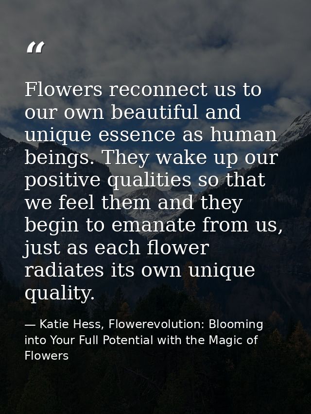 Flowers reconnect us to our own beautiful and unique essence as human beings. They wake up our positive qualities so tha — Katie Hess, Flowerevolution: Blooming into Your Full Potential with the Magic of Flowers
