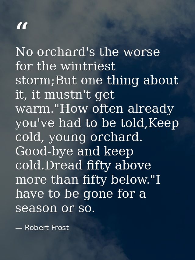 No orchard's the worse for the wintriest storm;But one thing about it, it mustn't get warm."How often already you've had — Robert Frost