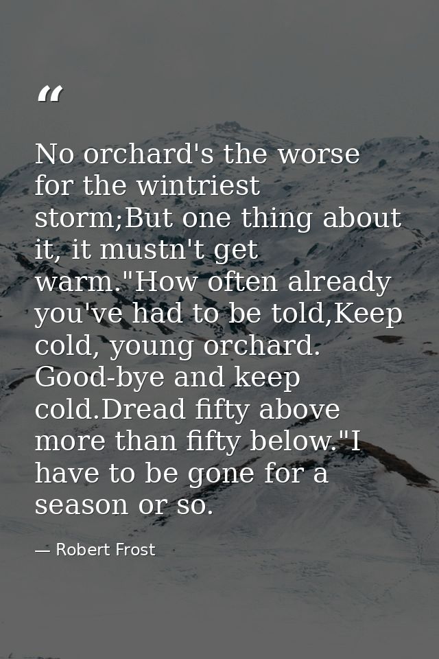 No orchard's the worse for the wintriest storm;But one thing about it, it mustn't get warm."How often already you've had — Robert Frost