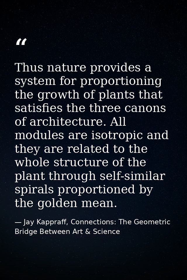Thus nature provides a system for proportioning the growth of plants that satisfies the three canons of architecture. Al — Jay Kappraff, Connections: The Geometric Bridge Between Art & Science