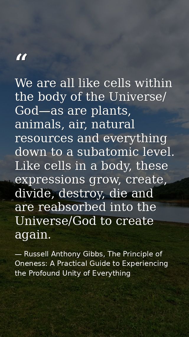 We are all like cells within the body of the Universe/ God—as are plants, animals, air, natural resources and everything — Russell Anthony Gibbs, The Principle of Oneness: A Practical Guide to Experiencing the Profound Unity of Everything