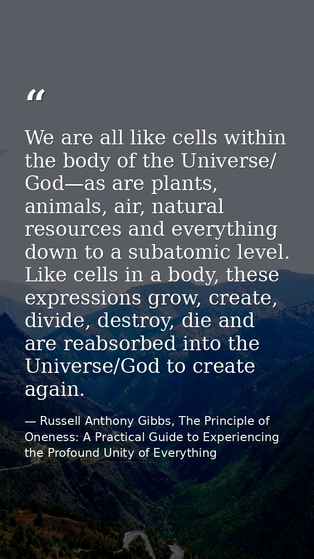 We are all like cells within the body of the Universe/ God—as are plants, animals, air, natural resources and everything — Russell Anthony Gibbs, The Principle of Oneness: A Practical Guide to Experiencing the Profound Unity of Everything