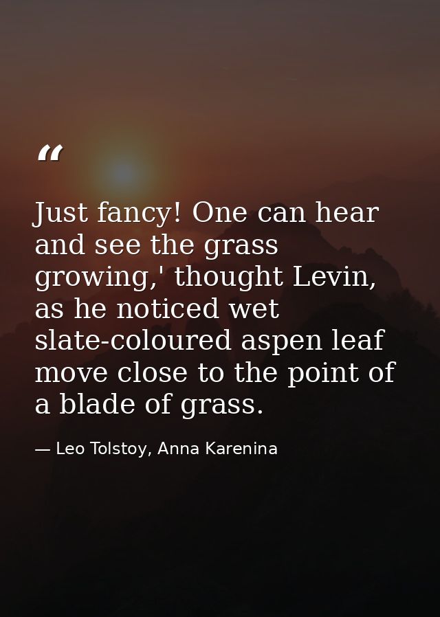 Just fancy! One can hear and see the grass growing,' thought Levin, as he noticed wet slate-coloured aspen leaf move clo — Leo Tolstoy, Anna Karenina