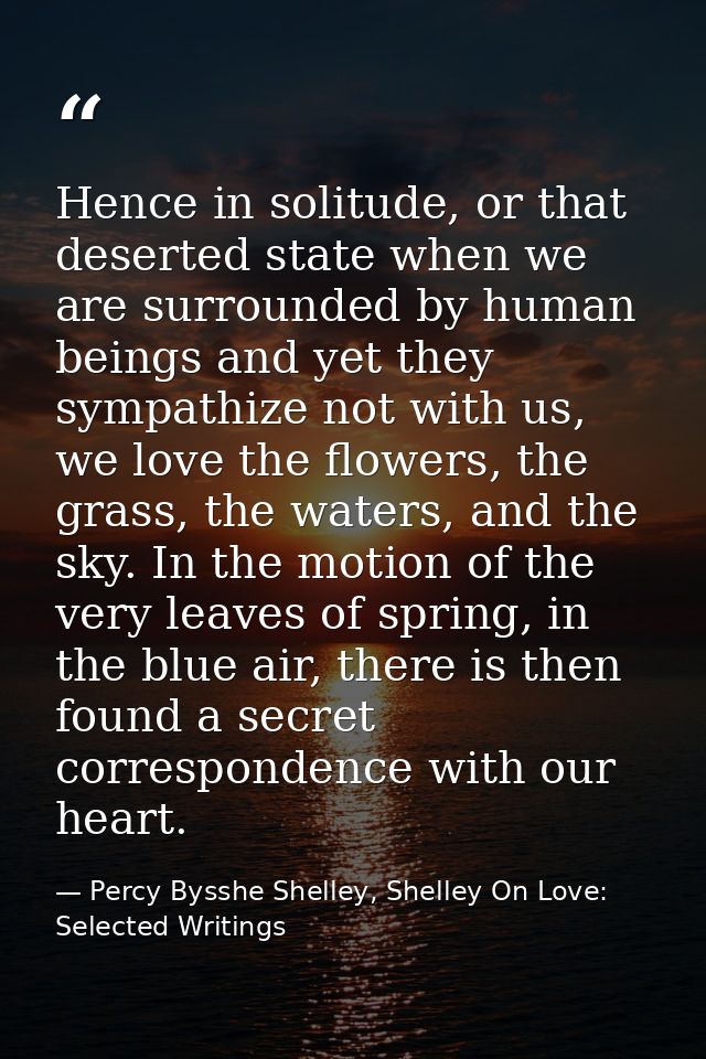Hence in solitude, or that deserted state when we are surrounded by human beings and yet they sympathize not with us, we — Percy Bysshe Shelley, Shelley On Love: Selected Writings
