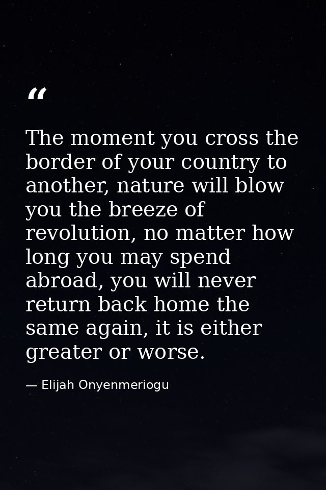The moment you cross the border of your country to another, nature will blow you the breeze of revolution, no matter how — Elijah Onyenmeriogu