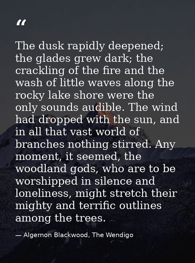 The dusk rapidly deepened; the glades grew dark; the crackling of the fire and the wash of little waves along the rocky  — Algernon Blackwood, The Wendigo