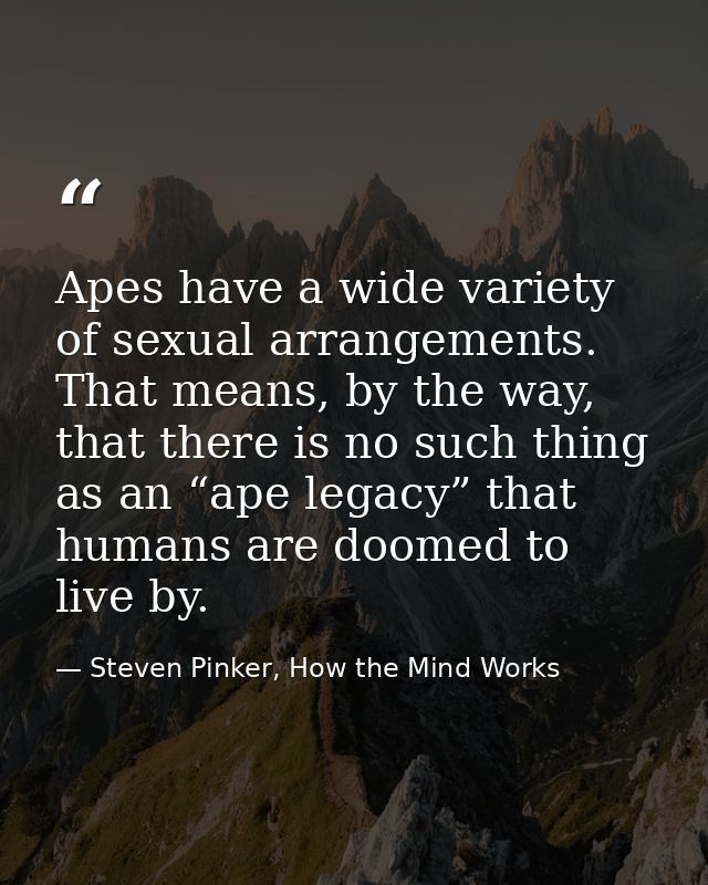Apes have a wide variety of sexual arrangements. That means, by the way, that there is no such thing as an “ape legacy”  — Steven Pinker, How the Mind Works