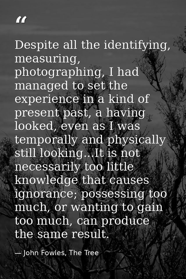 Despite all the identifying, measuring, photographing, I had managed to set the experience in a kind of present past, a  — John Fowles, The Tree