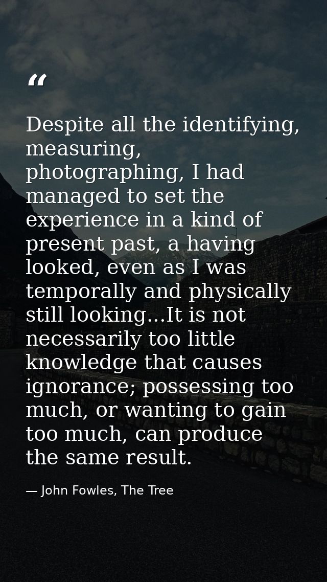 Despite all the identifying, measuring, photographing, I had managed to set the experience in a kind of present past, a  — John Fowles, The Tree