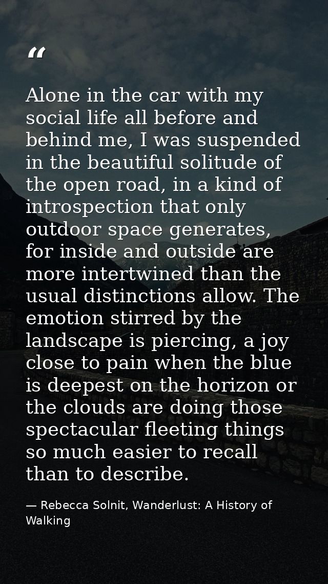 Alone in the car with my social life all before and behind me, I was suspended in the beautiful solitude of the open roa — Rebecca Solnit, Wanderlust: A History of Walking