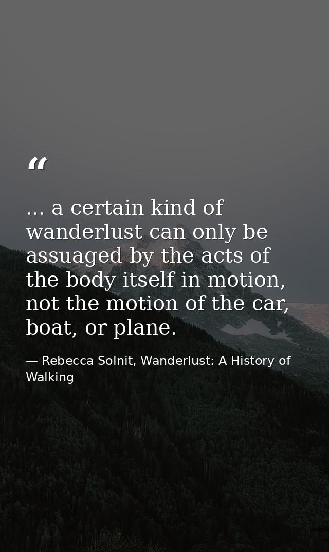 ... a certain kind of wanderlust can only be assuaged by the acts of the body itself in motion, not the motion of the ca — Rebecca Solnit, Wanderlust: A History of Walking