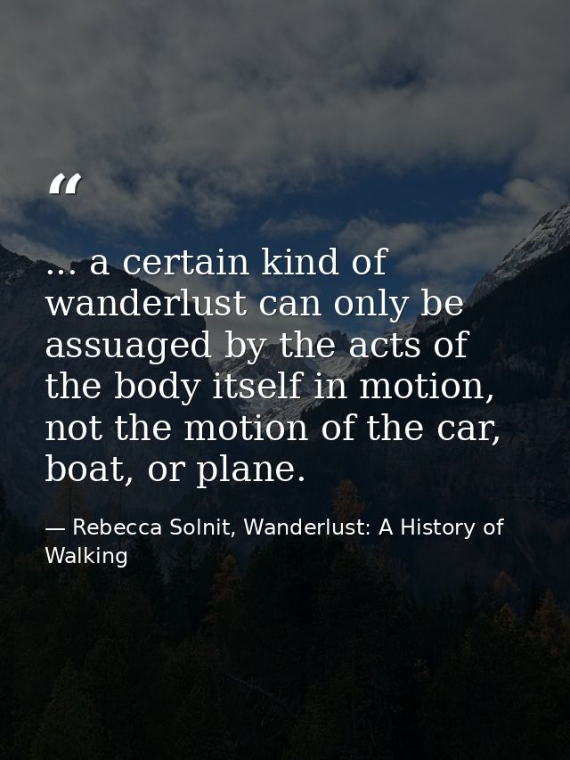 ... a certain kind of wanderlust can only be assuaged by the acts of the body itself in motion, not the motion of the ca — Rebecca Solnit, Wanderlust: A History of Walking