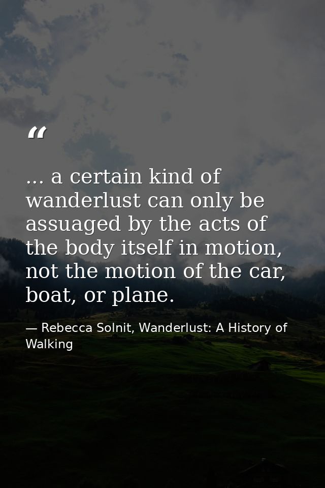 ... a certain kind of wanderlust can only be assuaged by the acts of the body itself in motion, not the motion of the ca — Rebecca Solnit, Wanderlust: A History of Walking
