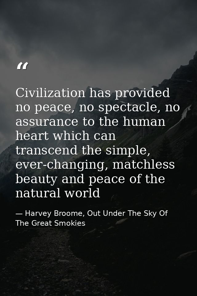 Civilization has provided no peace, no spectacle, no assurance to the human heart which can transcend the simple, ever-c — Harvey Broome, Out Under The Sky Of The Great Smokies