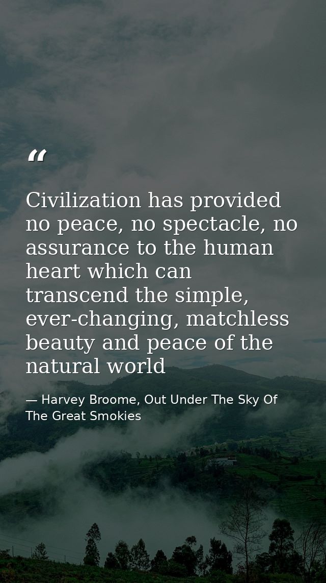 Civilization has provided no peace, no spectacle, no assurance to the human heart which can transcend the simple, ever-c — Harvey Broome, Out Under The Sky Of The Great Smokies