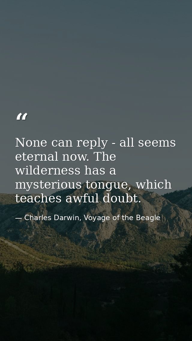 None can reply - all seems eternal now. The wilderness has a mysterious tongue, which teaches awful doubt. — Charles Darwin, Voyage of the Beagle