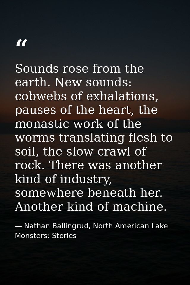 Sounds rose from the earth. New sounds: cobwebs of exhalations, pauses of the heart, the monastic work of the worms tran — Nathan Ballingrud, North American Lake Monsters: Stories