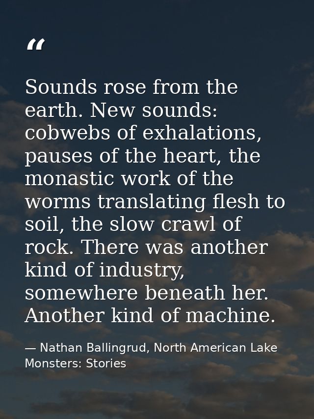 Sounds rose from the earth. New sounds: cobwebs of exhalations, pauses of the heart, the monastic work of the worms tran — Nathan Ballingrud, North American Lake Monsters: Stories