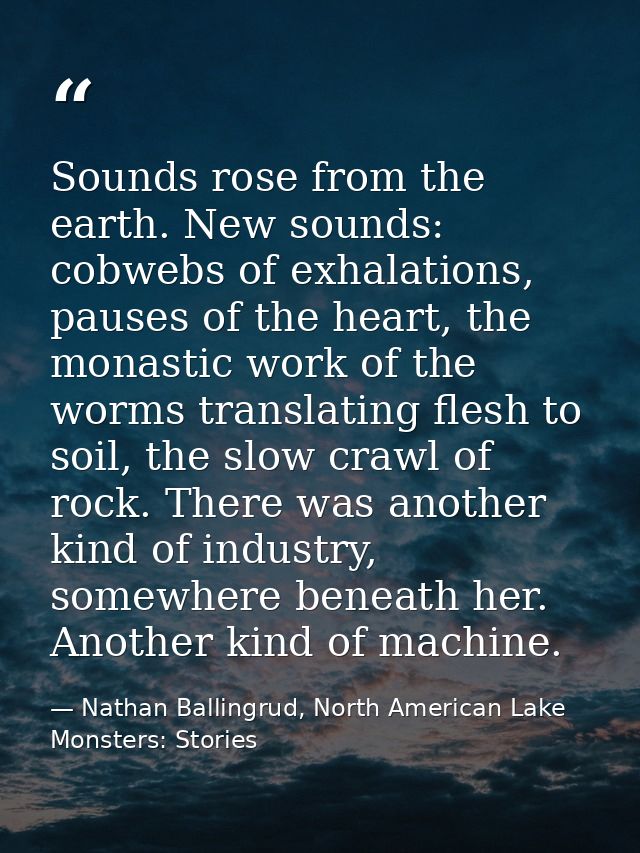 Sounds rose from the earth. New sounds: cobwebs of exhalations, pauses of the heart, the monastic work of the worms tran — Nathan Ballingrud, North American Lake Monsters: Stories