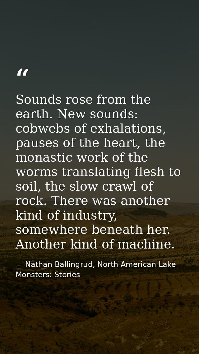 Sounds rose from the earth. New sounds: cobwebs of exhalations, pauses of the heart, the monastic work of the worms tran — Nathan Ballingrud, North American Lake Monsters: Stories