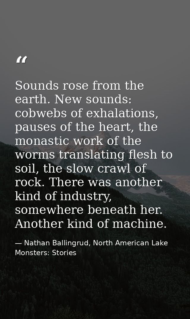 Sounds rose from the earth. New sounds: cobwebs of exhalations, pauses of the heart, the monastic work of the worms tran — Nathan Ballingrud, North American Lake Monsters: Stories