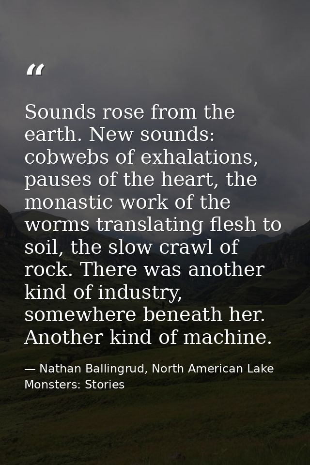 Sounds rose from the earth. New sounds: cobwebs of exhalations, pauses of the heart, the monastic work of the worms tran — Nathan Ballingrud, North American Lake Monsters: Stories