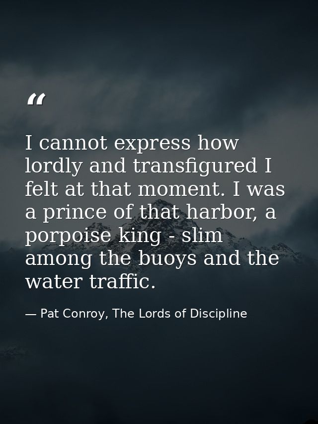 I cannot express how lordly and transfigured I felt at that moment. I was a prince of that harbor, a porpoise king - sli — Pat Conroy, The Lords of Discipline