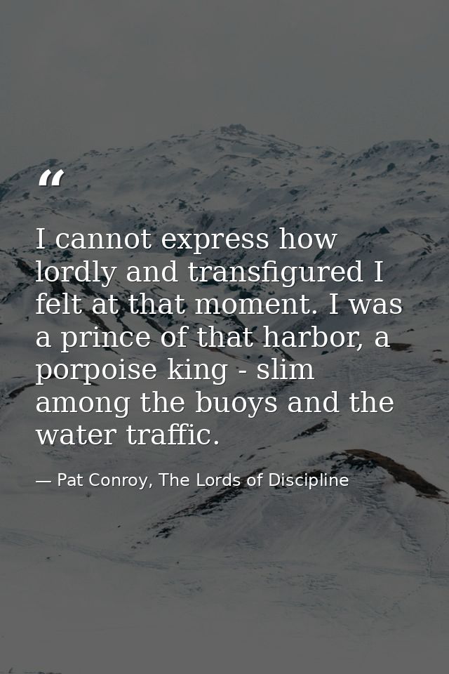I cannot express how lordly and transfigured I felt at that moment. I was a prince of that harbor, a porpoise king - sli — Pat Conroy, The Lords of Discipline