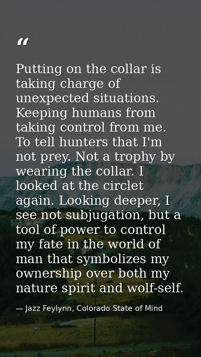 Putting on the collar is taking charge of unexpected situations. Keeping humans from taking control from me. To tell hun — Jazz Feylynn, Colorado State of Mind
