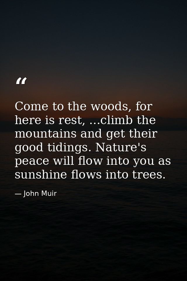 Come to the woods, for here is rest, ...climb the mountains and get their good tidings. Nature's peace will flow into yo — John Muir