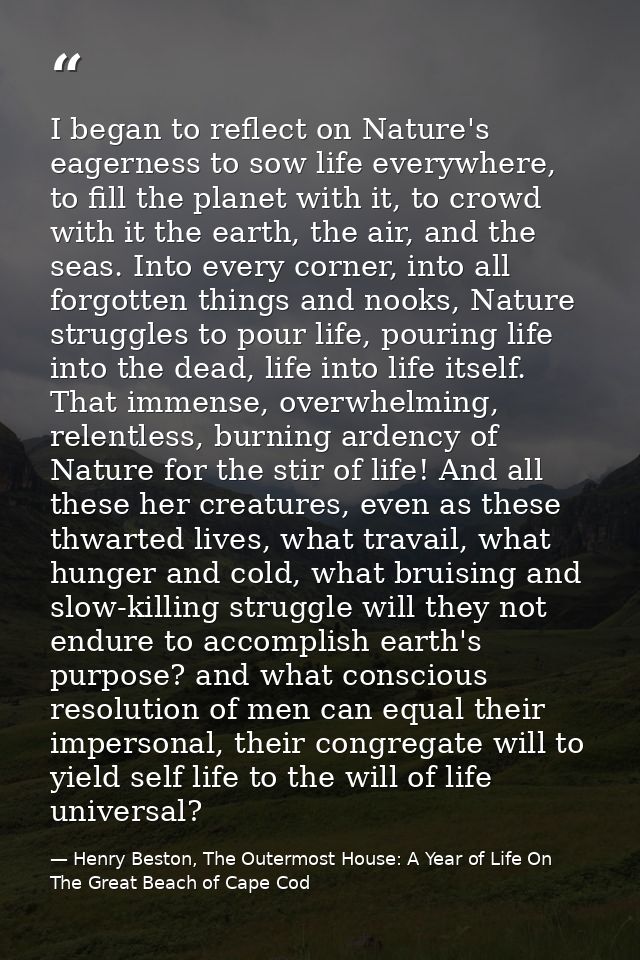 I began to reflect on Nature's eagerness to sow life everywhere, to fill the planet with it, to crowd with it the earth, — Henry Beston, The Outermost House: A Year of Life On The Great Beach of Cape Cod