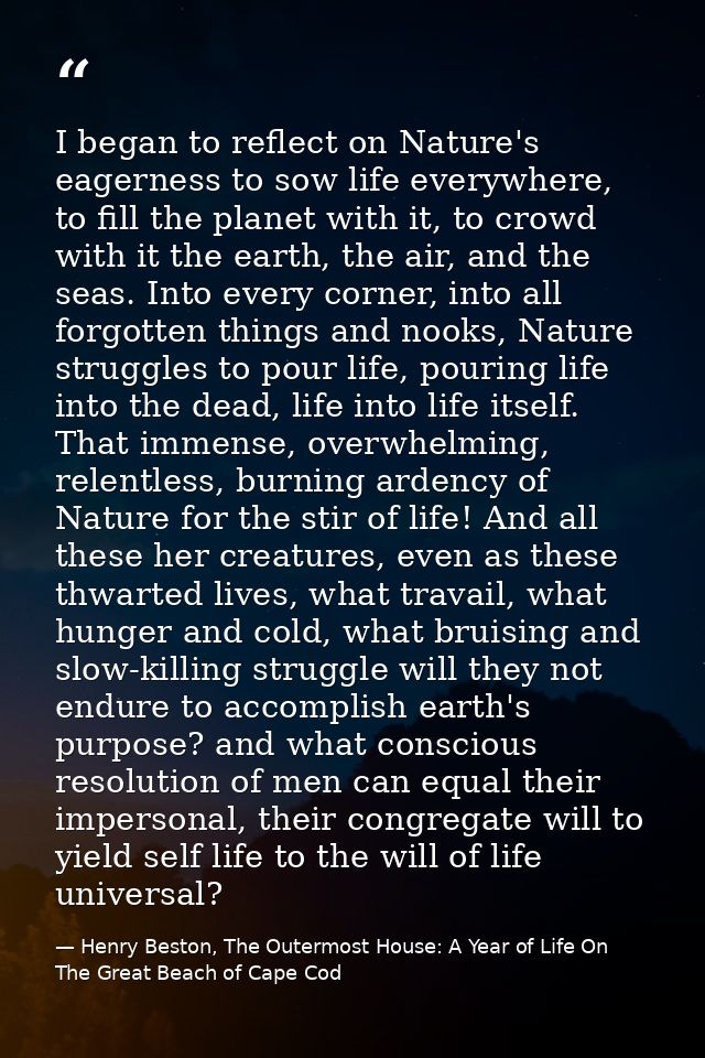 I began to reflect on Nature's eagerness to sow life everywhere, to fill the planet with it, to crowd with it the earth, — Henry Beston, The Outermost House: A Year of Life On The Great Beach of Cape Cod