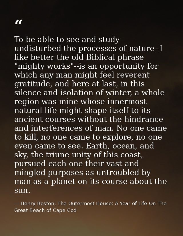 To be able to see and study undisturbed the processes of nature--I like better the old Biblical phrase "mighty works"--i — Henry Beston, The Outermost House: A Year of Life On The Great Beach of Cape Cod