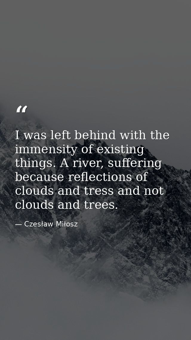 I was left behind with the immensity of existing things. A river, suffering because reflections of clouds and tress and  — Czesław Miłosz