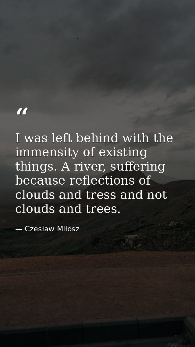 I was left behind with the immensity of existing things. A river, suffering because reflections of clouds and tress and  — Czesław Miłosz