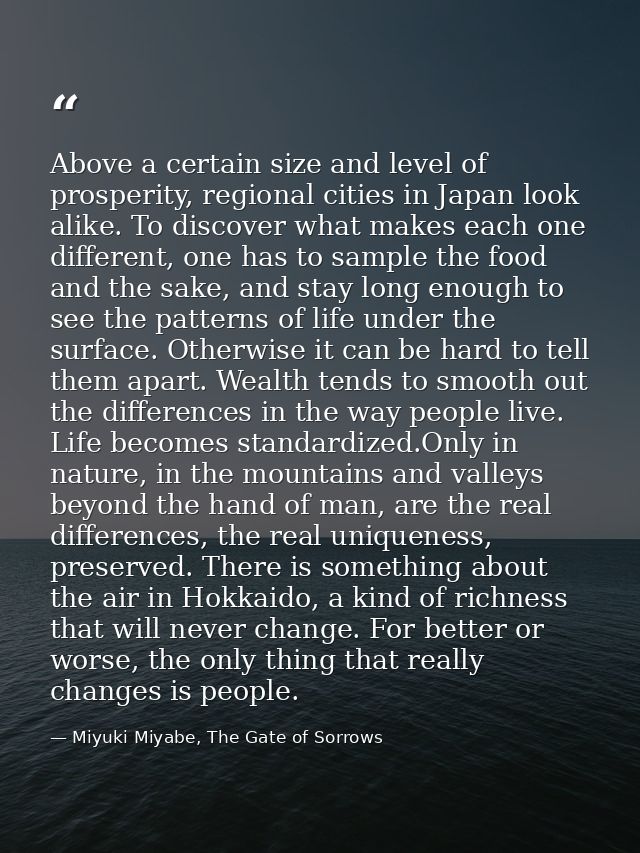 Above a certain size and level of prosperity, regional cities in Japan look alike. To discover what makes each one diffe — Miyuki Miyabe, The Gate of Sorrows