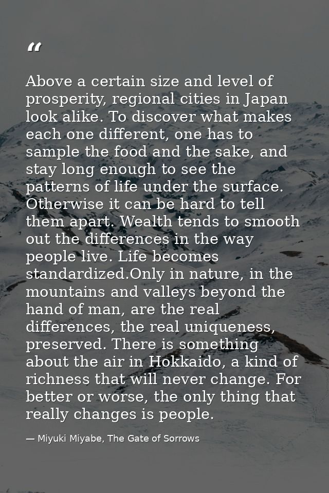 Above a certain size and level of prosperity, regional cities in Japan look alike. To discover what makes each one diffe — Miyuki Miyabe, The Gate of Sorrows