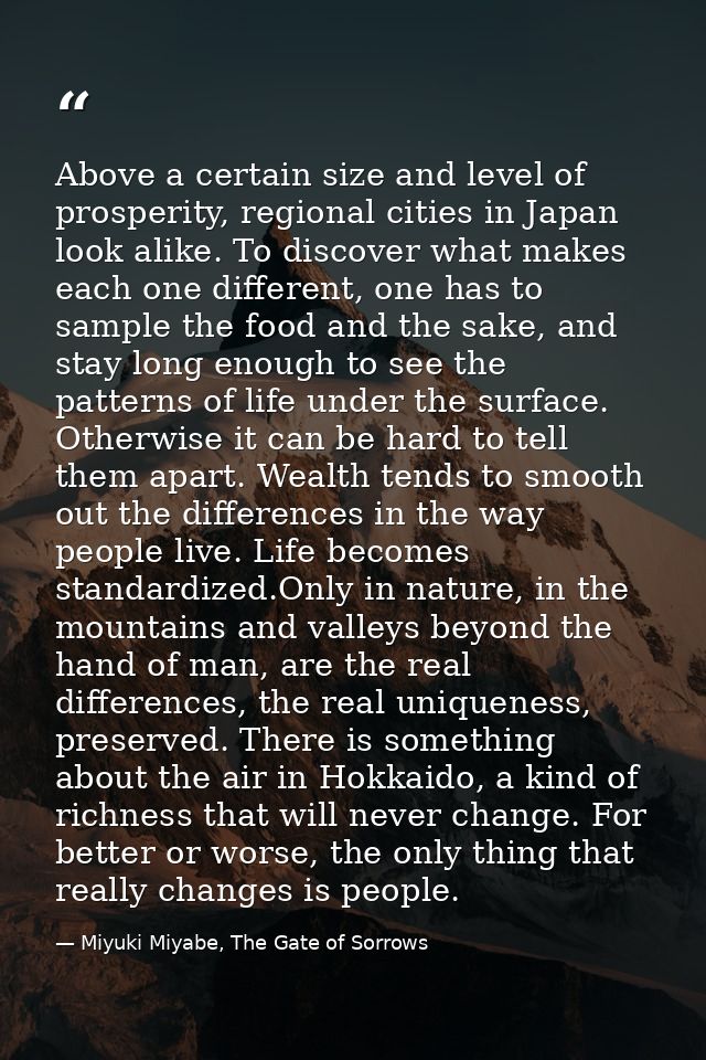 Above a certain size and level of prosperity, regional cities in Japan look alike. To discover what makes each one diffe — Miyuki Miyabe, The Gate of Sorrows